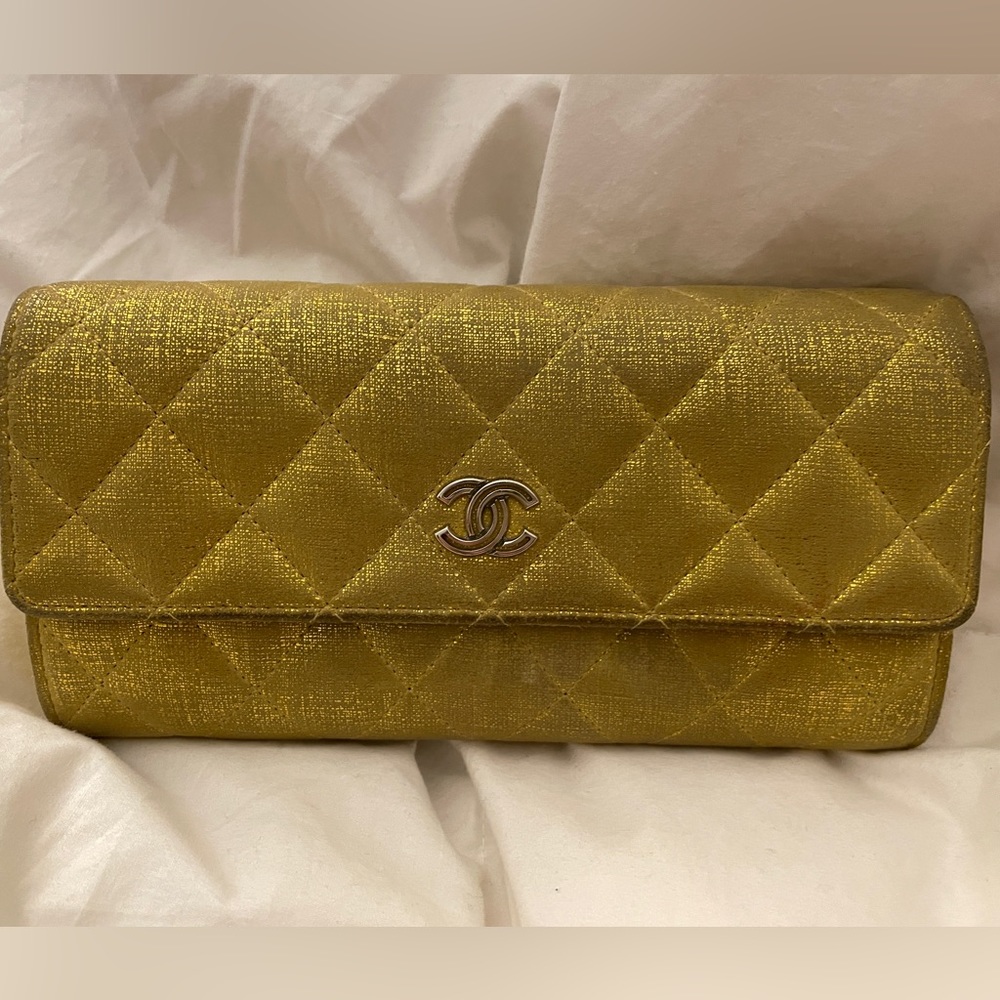 Yellow Metallic Quilted Lambskin Long Flap Wallet